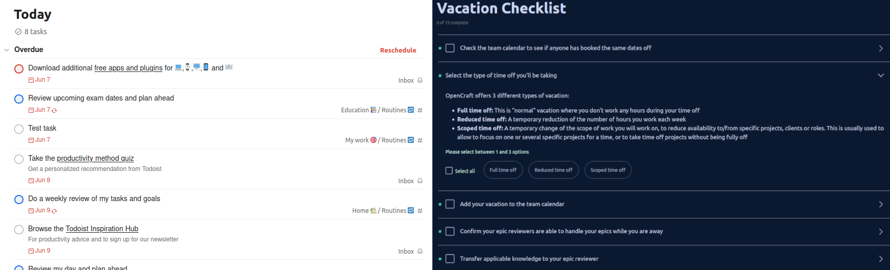 A screenshot comparison of Listaflow and Todoist. On the left, Todoist shows a set of tasks due today. On the right, Listaflow shows a Vacation Checklist.